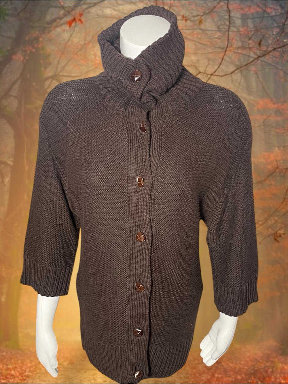 Lauren Ralph Lauren Chocolate Brown Cowl Neck Button Front Cardigan Sweater Sm - Picture 2 of 13